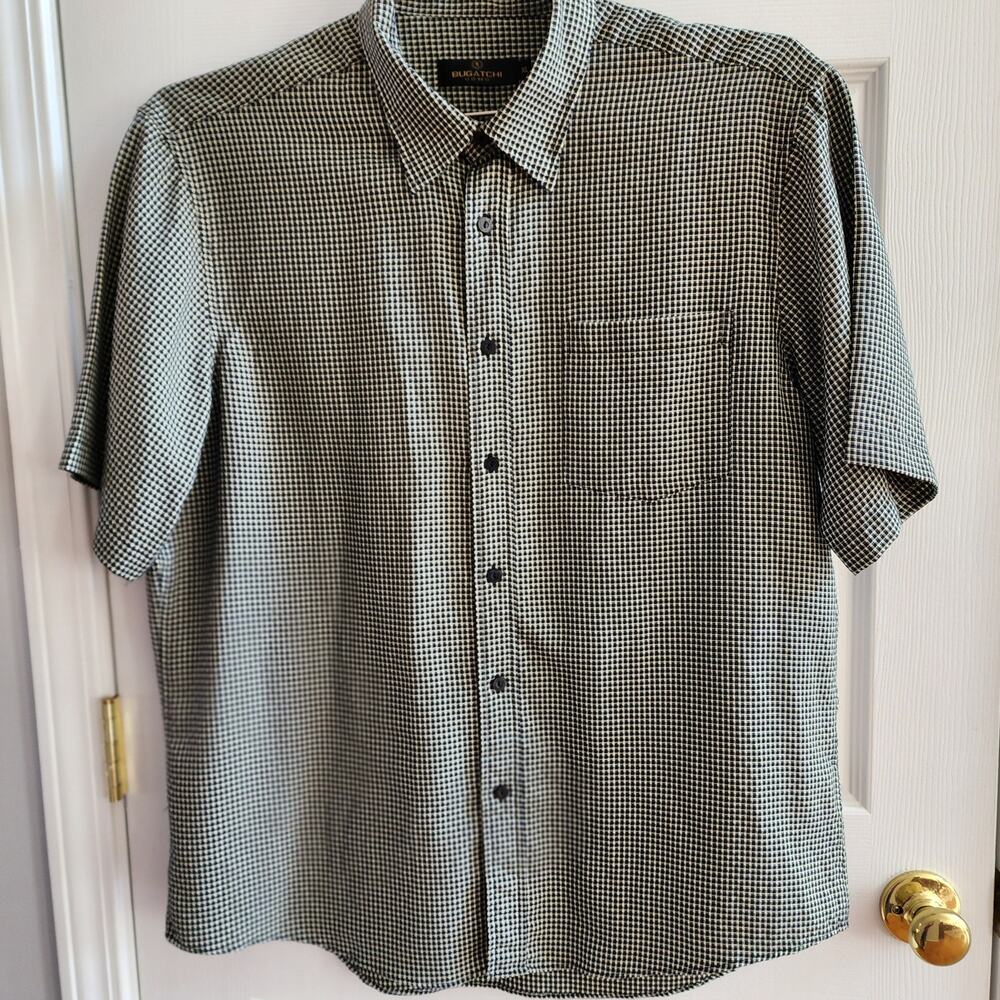 Bugatchi Uomo XL Micro Check Shirt Black Gray Short Sleeve Button Down